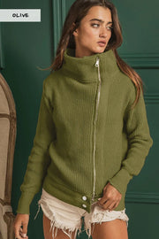 BiBi OLIVE / S Olive Ribbed Zip-Up Sweater Jacket with High Neckline
