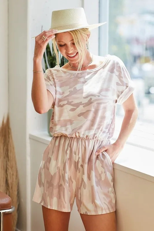 BiBi PINK COMBO / S BiBi Camo Print French Terry Romper with Side Pockets