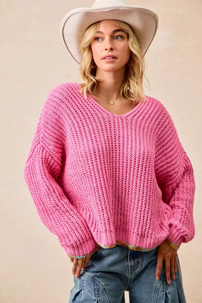 BiBi PINK / S BiBi V-Neck Sweater with Colorful Trim