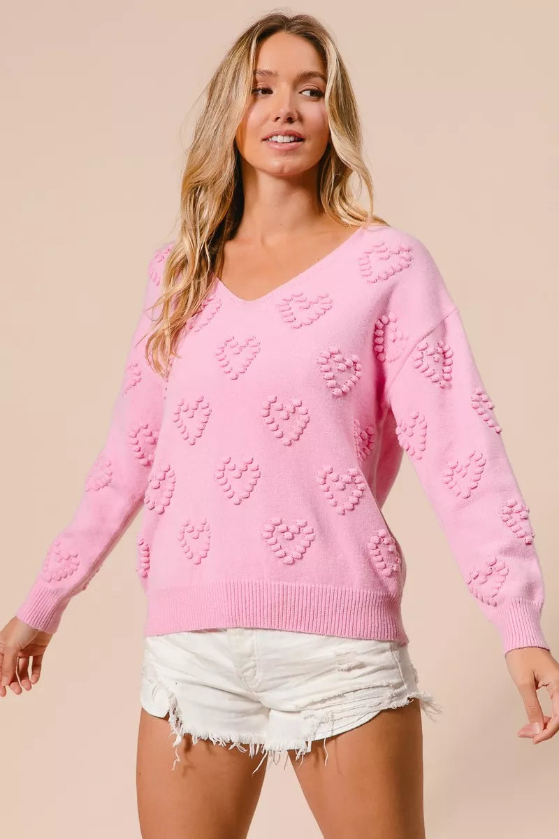 BiBi PINK / S BiBi Valentines Heart Pompom V Neck Knit Top