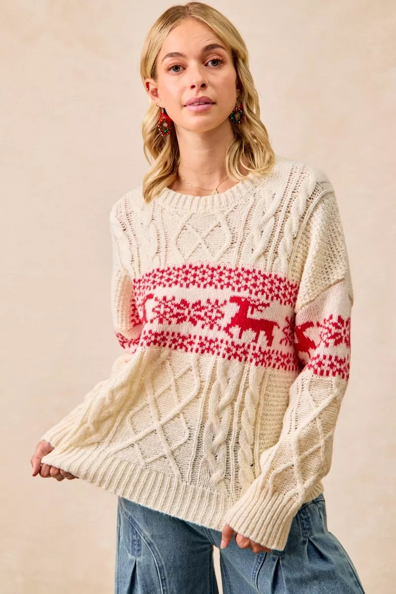 BiBi RED / S BiBi Christmas Theme Patterned Cable Knit Sweater