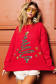 BiBi RED / S BiBi Sequin Star Tinsel Christmas Sweater