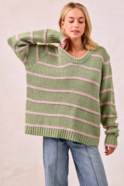 BiBi SAGE GREEN / S BiBi Striped Long Sleeve Sweater
