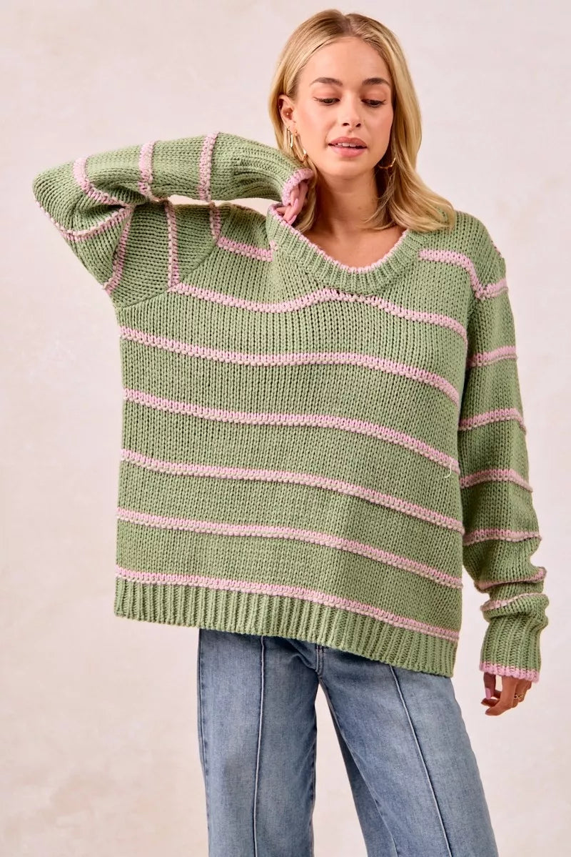 BiBi SAGE GREEN / S BiBi Striped Long Sleeve Sweater