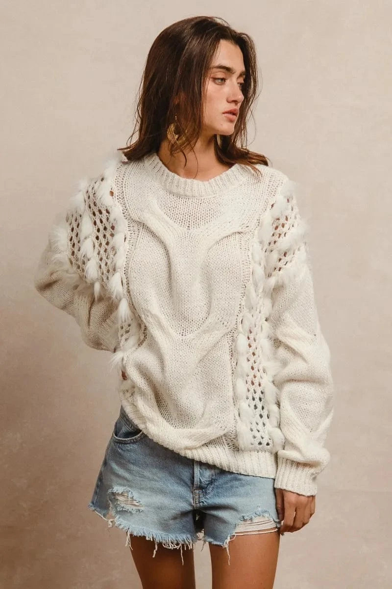 BiBi Sweater Dresses BiBi Faux Fur Detailed Pointelle Cable Knit Sweater