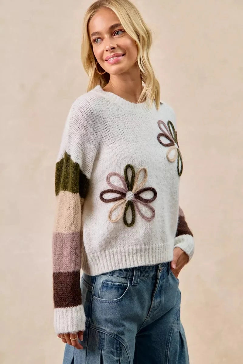BiBi Sweater Dresses BiBi Flower Color Block Sweater