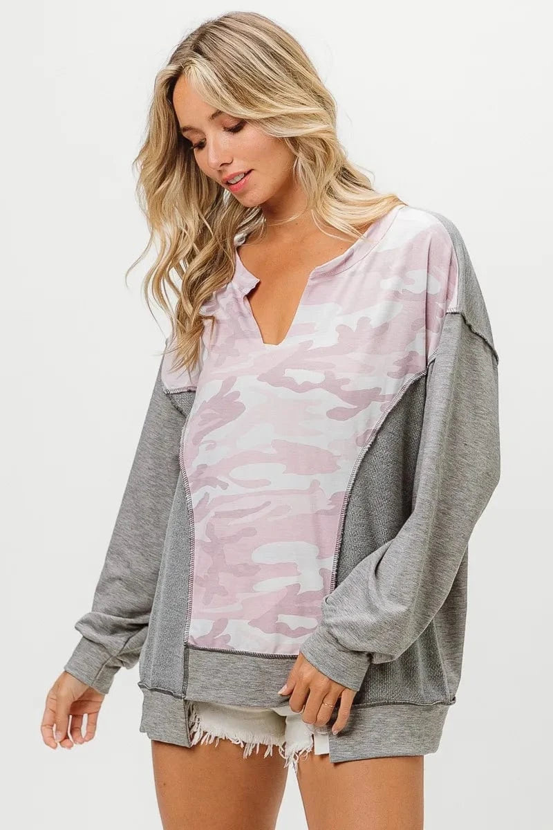 BiBi Sweatshirts & Hoodies BiBi Camo Printed French Terry Knit Color Block Top
