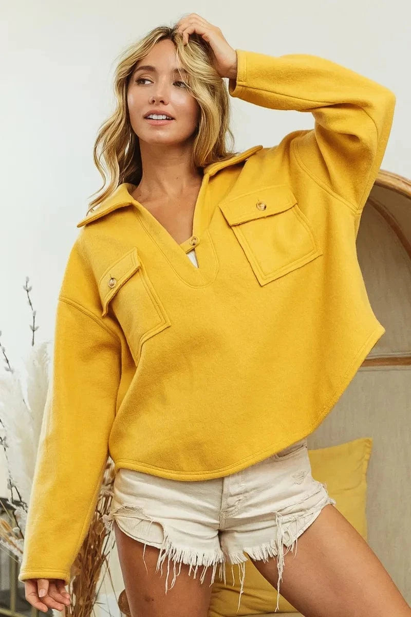 BiBi Sweatshirts & Hoodies BiBi Flap Pockets Fleece Collared Sweatshirt