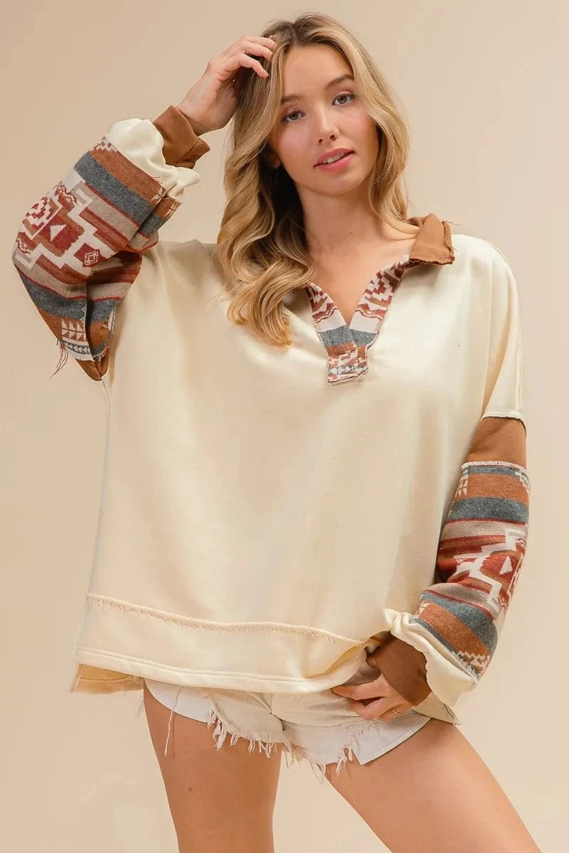 BiBi Sweatshirts & Hoodies BiBi French Terry Knit and Aztec Print Mixed Top