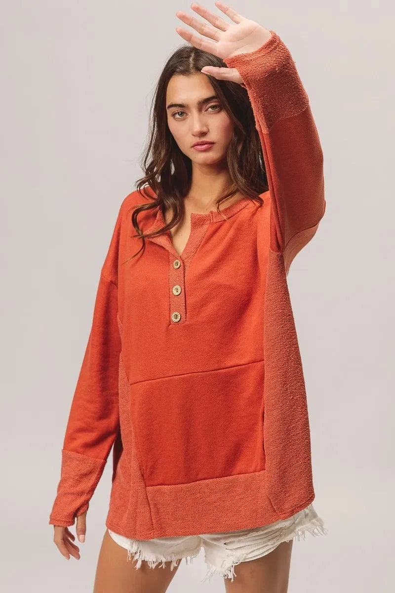 BiBi Sweatshirts & Hoodies BiBi French Terry Knit Side Block Buttoned Henley Top