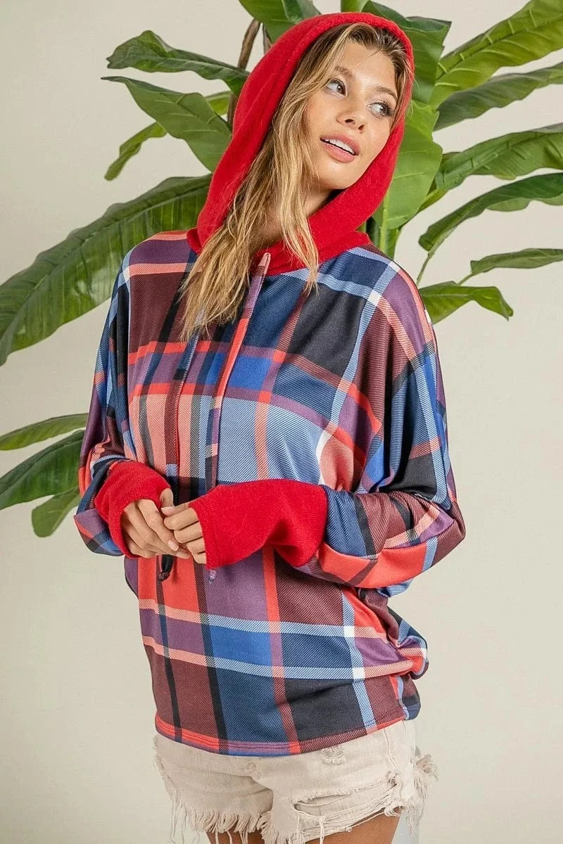 BiBi Sweatshirts & Hoodies BiBi Plaid Mirr Brushed Rib Contrast Thumb Open Hoodie