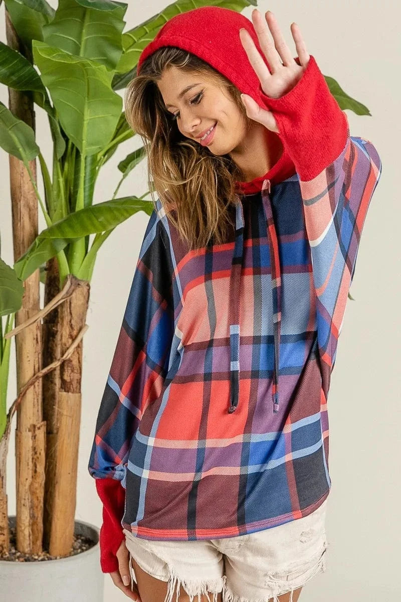 BiBi Sweatshirts & Hoodies BiBi Plaid Mirr Brushed Rib Contrast Thumb Open Hoodie