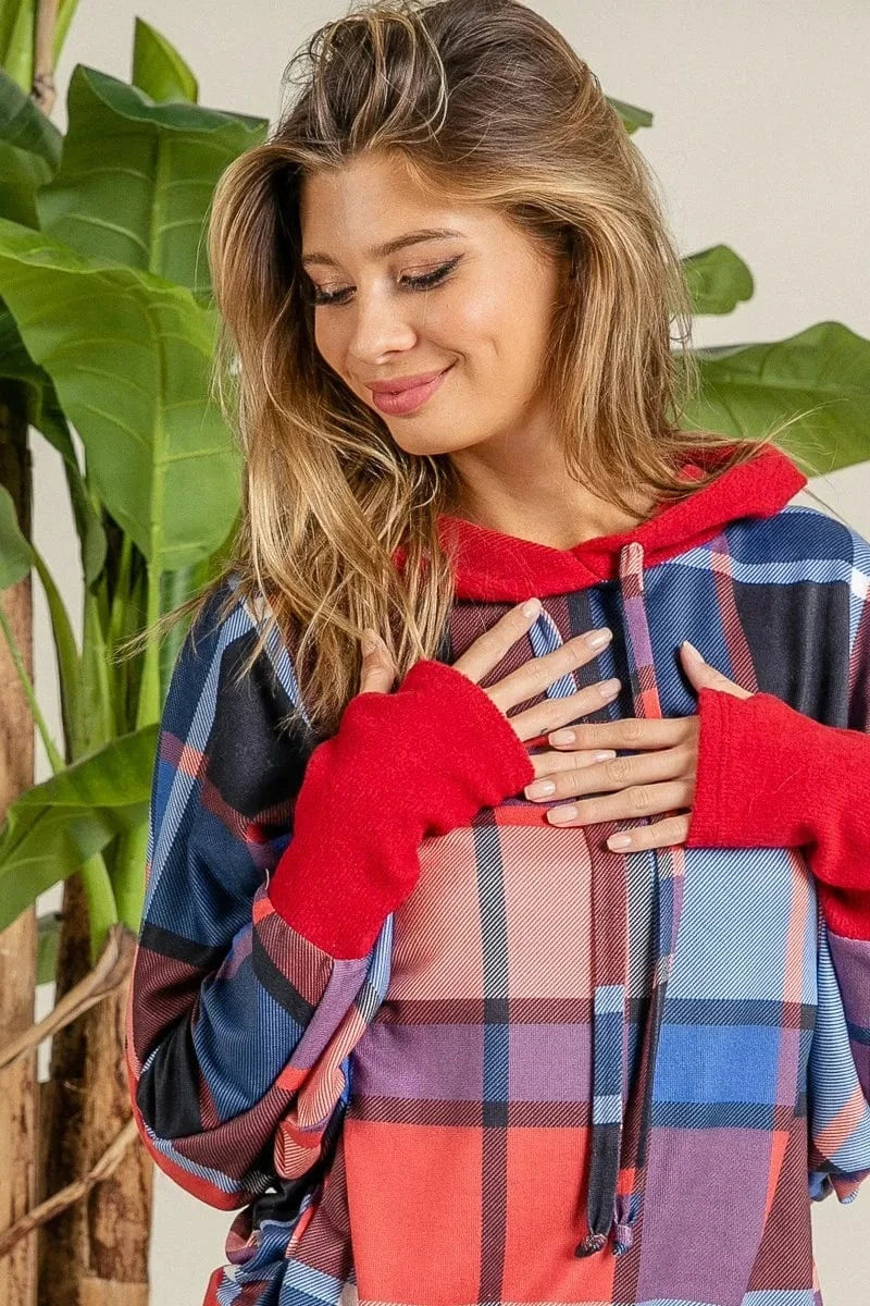 BiBi Sweatshirts & Hoodies BiBi Plaid Mirr Brushed Rib Contrast Thumb Open Hoodie