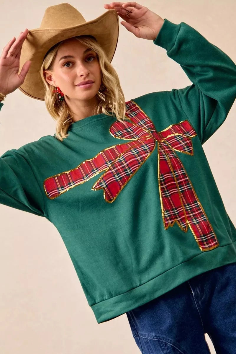 BiBi Sweatshirts & Hoodies BiBi Plaid Ribbon Bow Detail Christmas Fleece Pullover