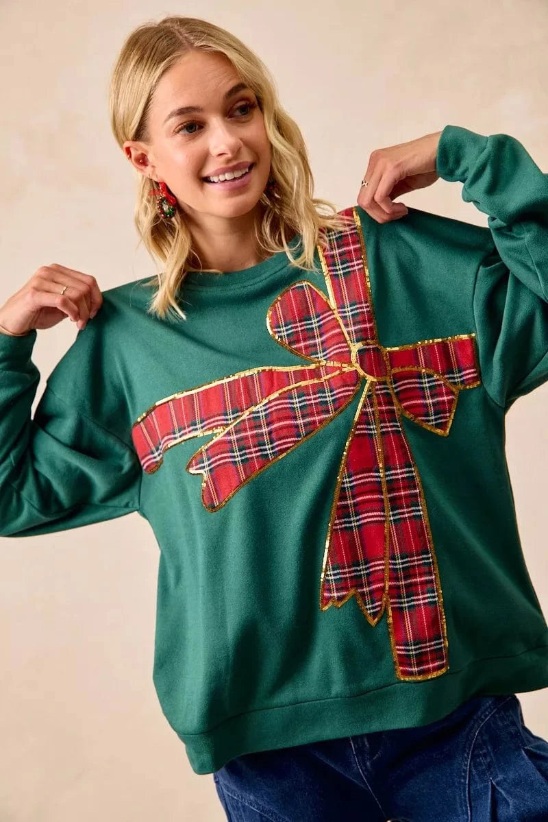 BiBi Sweatshirts & Hoodies BiBi Plaid Ribbon Bow Detail Christmas Fleece Pullover