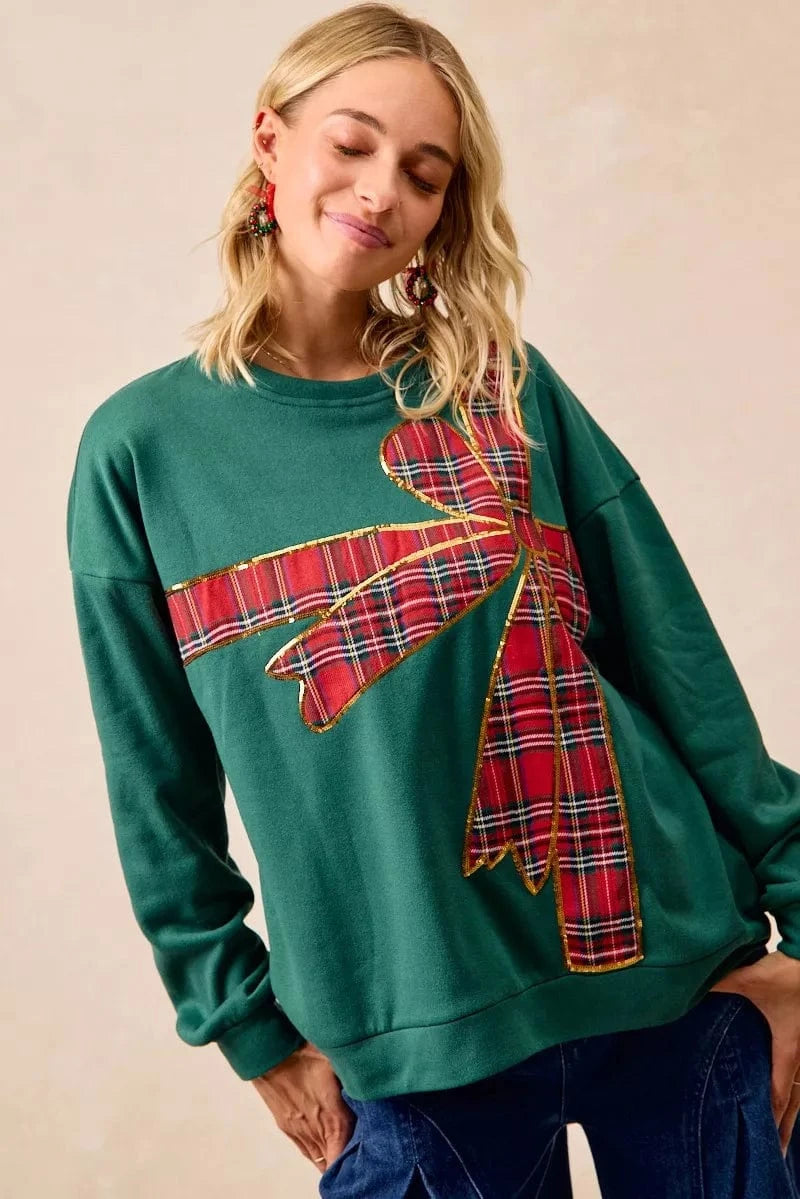 BiBi Sweatshirts & Hoodies BiBi Plaid Ribbon Bow Detail Christmas Fleece Pullover