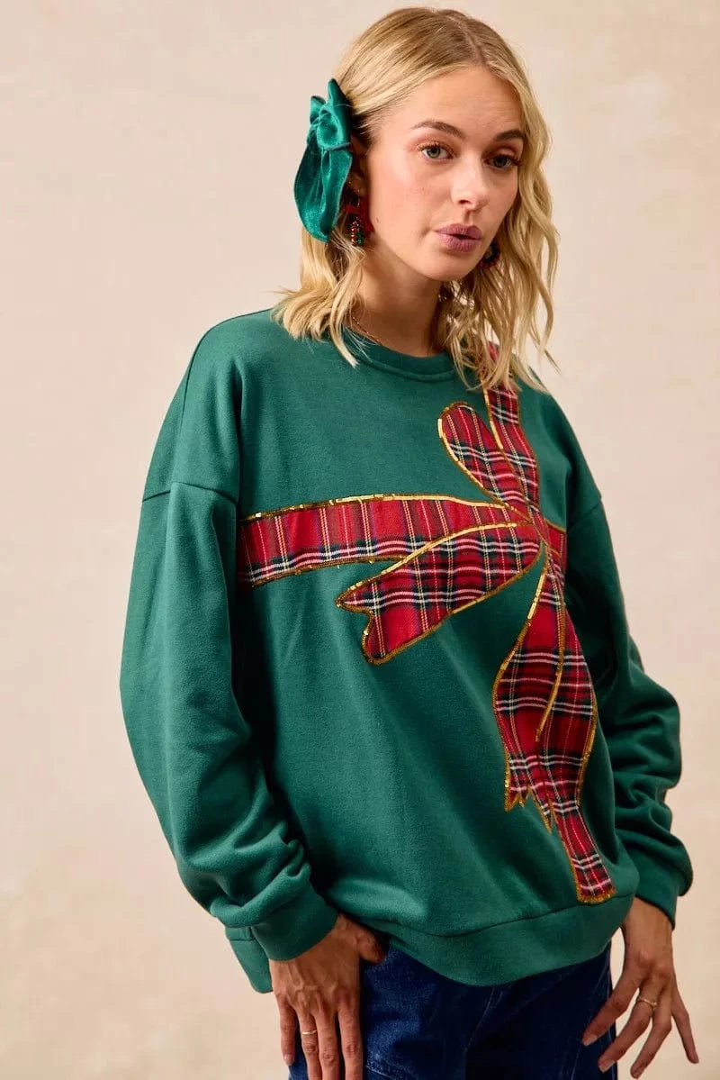 BiBi Sweatshirts & Hoodies BiBi Plaid Ribbon Bow Detail Christmas Fleece Pullover