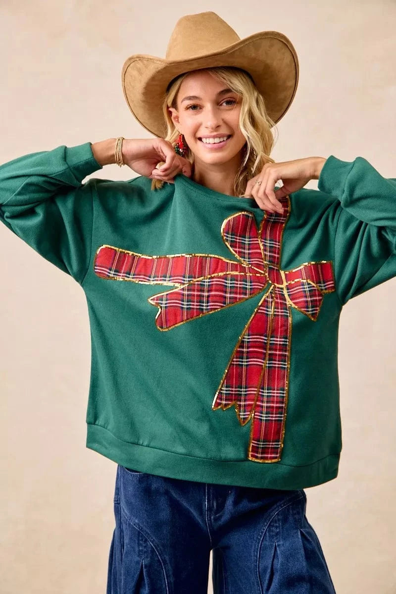 BiBi Sweatshirts & Hoodies BiBi Plaid Ribbon Bow Detail Christmas Fleece Pullover