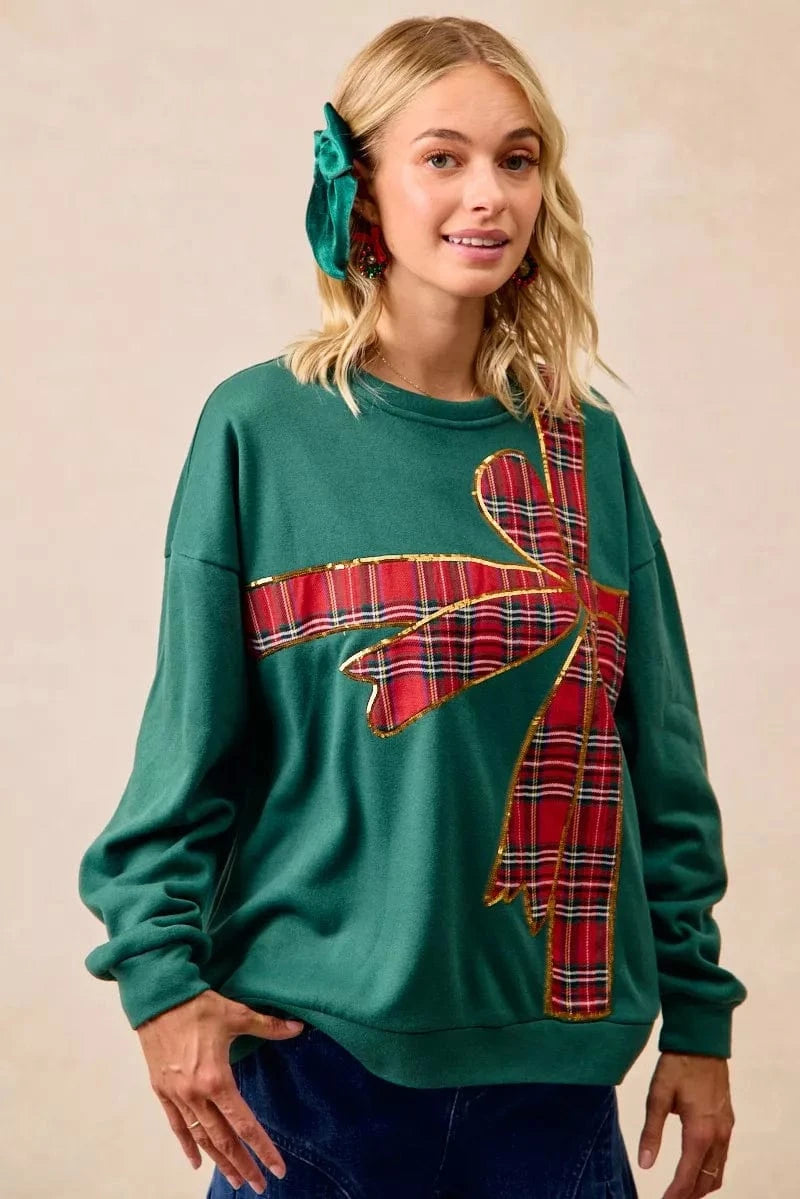 BiBi Sweatshirts & Hoodies BiBi Plaid Ribbon Bow Detail Christmas Fleece Pullover