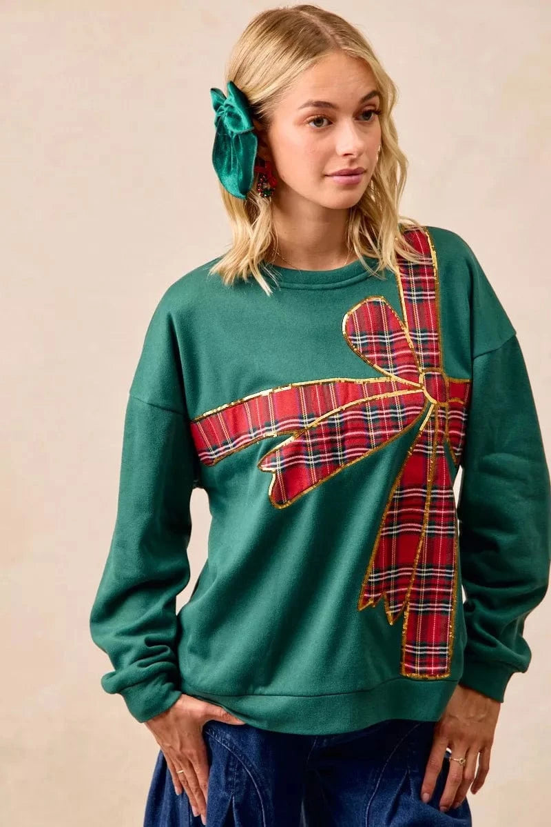 BiBi Sweatshirts & Hoodies BiBi Plaid Ribbon Bow Detail Christmas Fleece Pullover