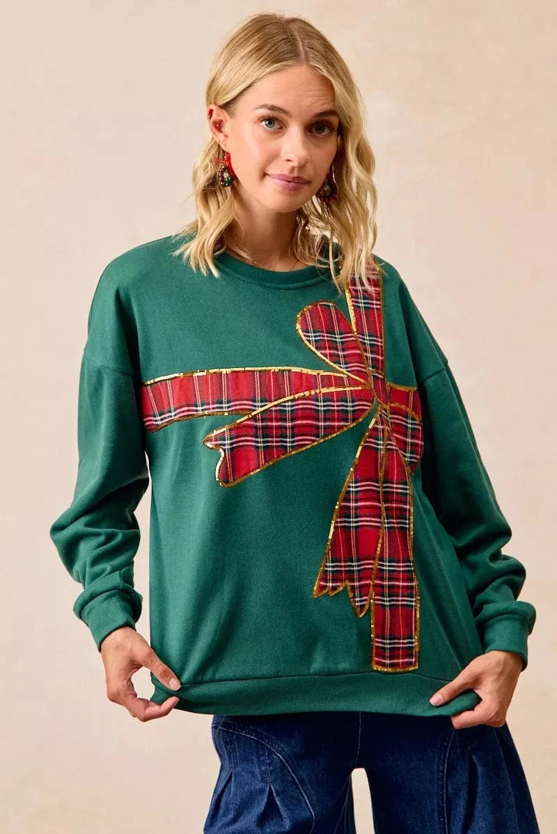 BiBi Sweatshirts & Hoodies BiBi Plaid Ribbon Bow Detail Christmas Fleece Pullover
