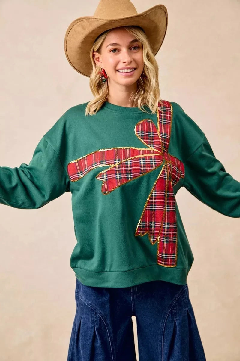 BiBi Sweatshirts & Hoodies BiBi Plaid Ribbon Bow Detail Christmas Fleece Pullover