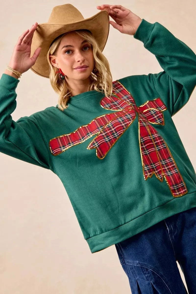 BiBi Sweatshirts & Hoodies BiBi Plaid Ribbon Bow Detail Christmas Fleece Pullover