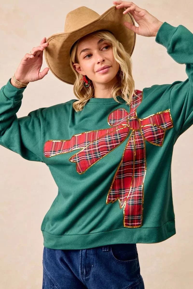 BiBi Sweatshirts & Hoodies BiBi Plaid Ribbon Bow Detail Christmas Fleece Pullover