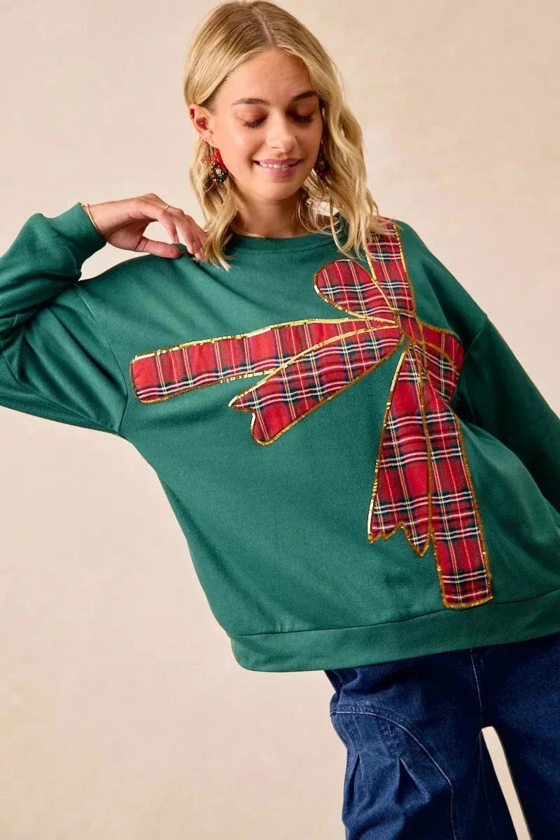 BiBi Sweatshirts & Hoodies BiBi Plaid Ribbon Bow Detail Christmas Fleece Pullover