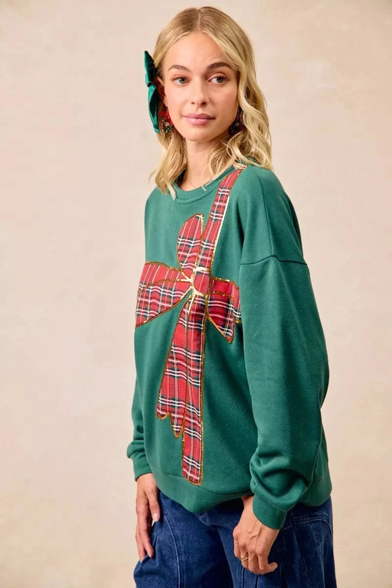 BiBi Sweatshirts & Hoodies BiBi Plaid Ribbon Bow Detail Christmas Fleece Pullover