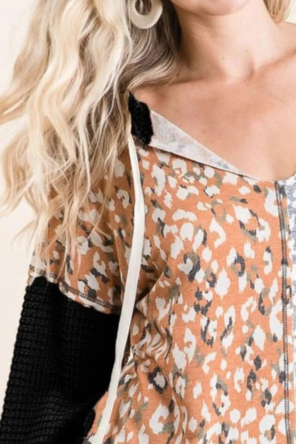 BiBi Sweatshirts & Hoodies BiBi Popcorn Waffle Knit Hoodie with Print Block Front