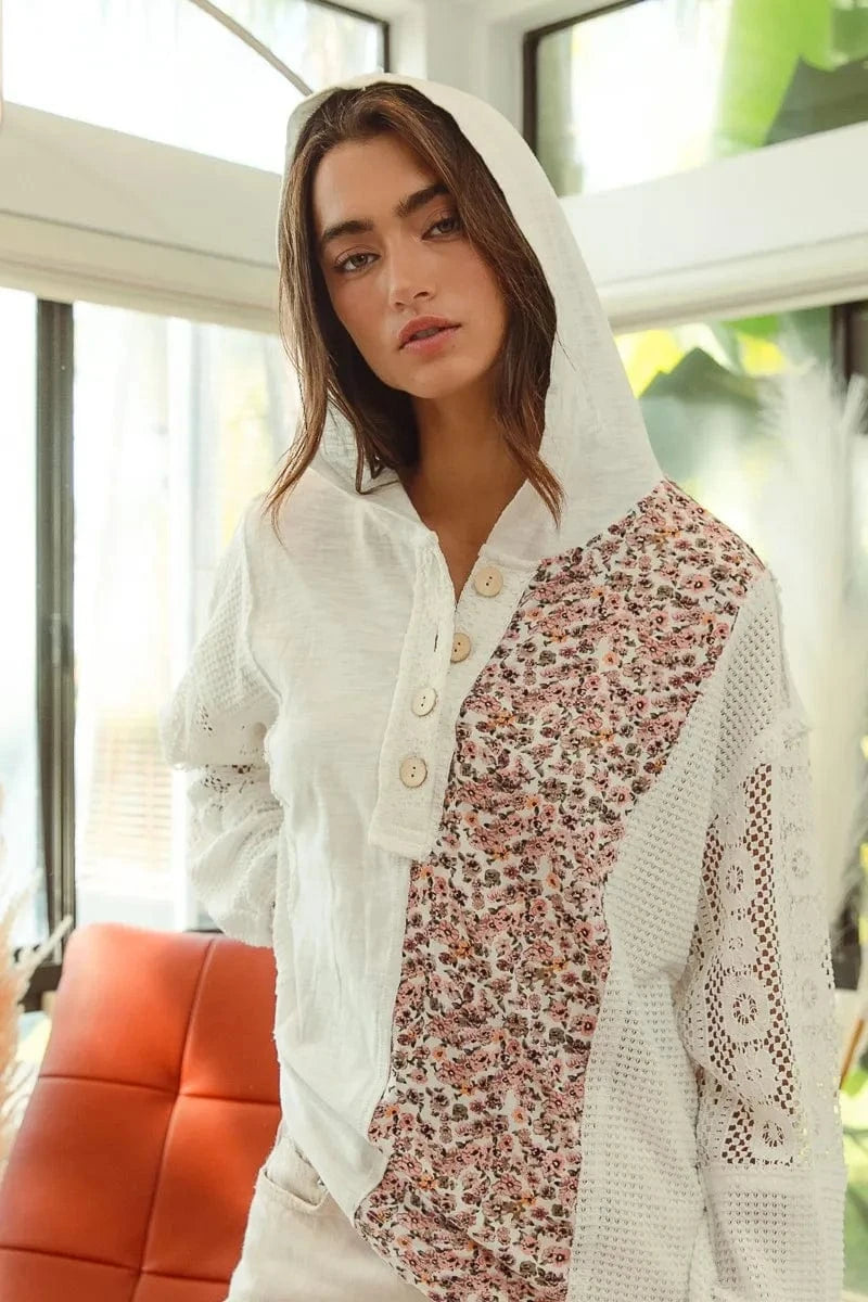 BiBi Sweatshirts & Hoodies BiBi Slub Jersey with Lace Combo Buttoned Hoodie Top