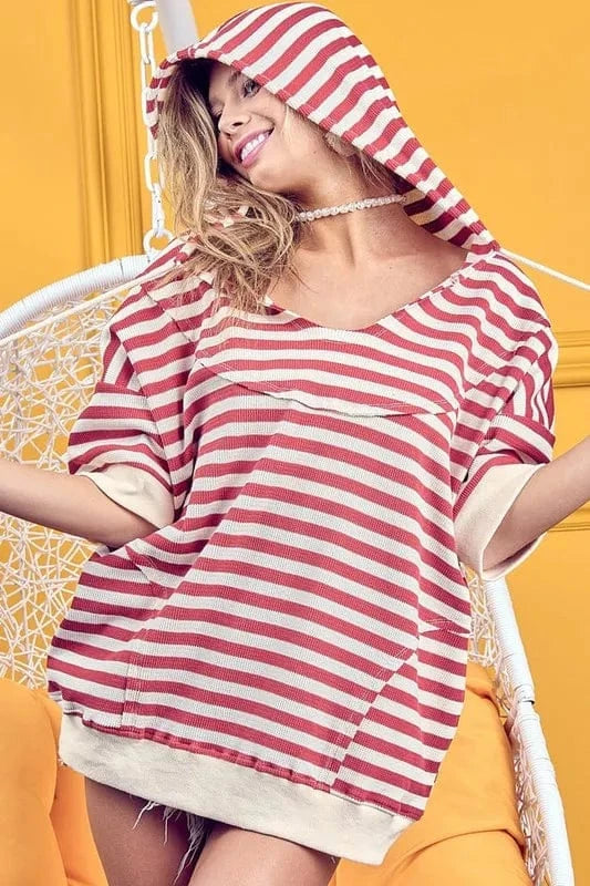 BiBi Sweatshirts & Hoodies BiBi Stripe Fleece Notch Neck Short Sleeve Hoodie