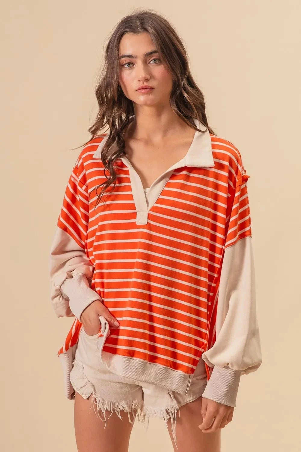 BiBi Sweatshirts & Hoodies BiBi Stripe Knit Loose Fit Top With Cut Edge Detail