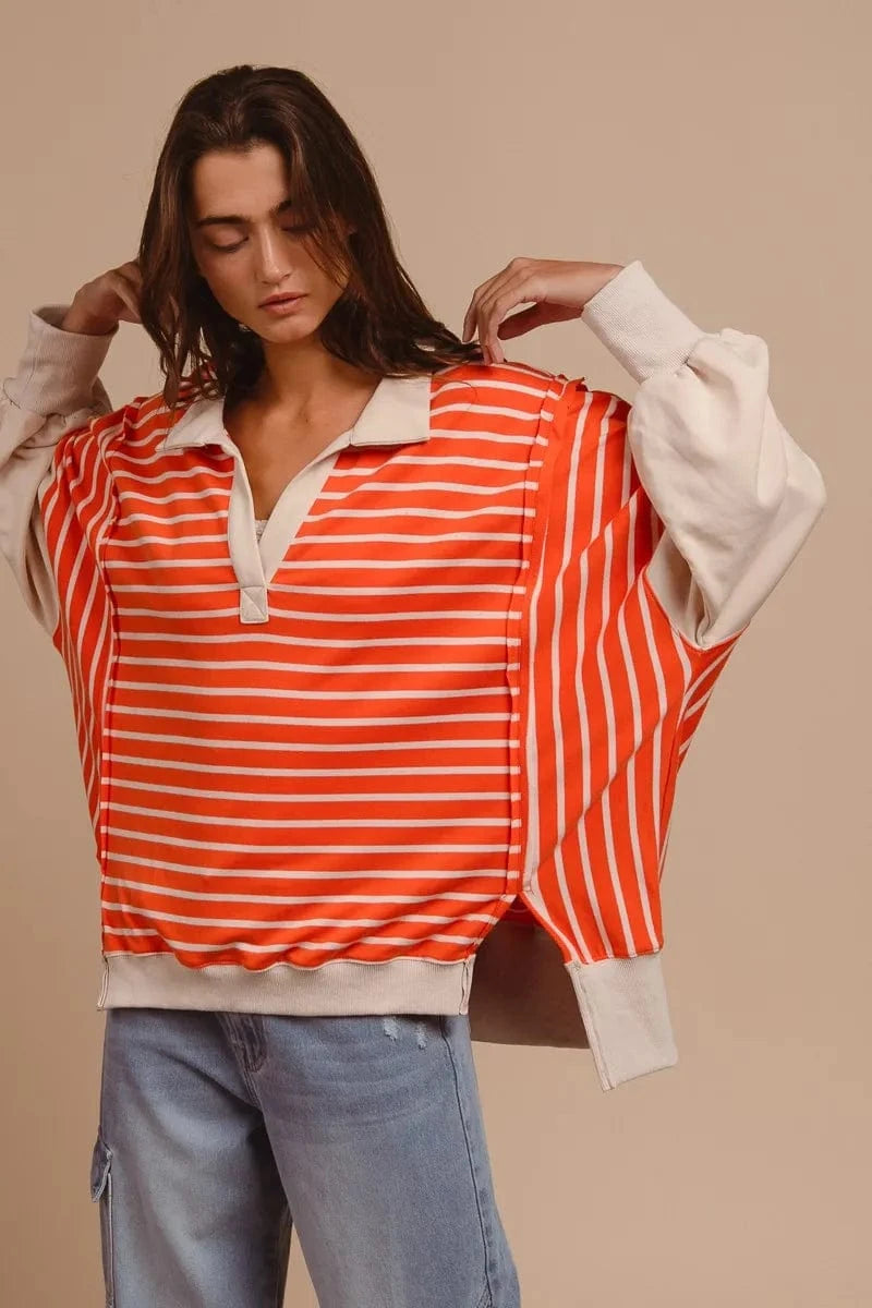 BiBi Sweatshirts & Hoodies BiBi Stripe Knit Loose Fit Top With Cut Edge Detail