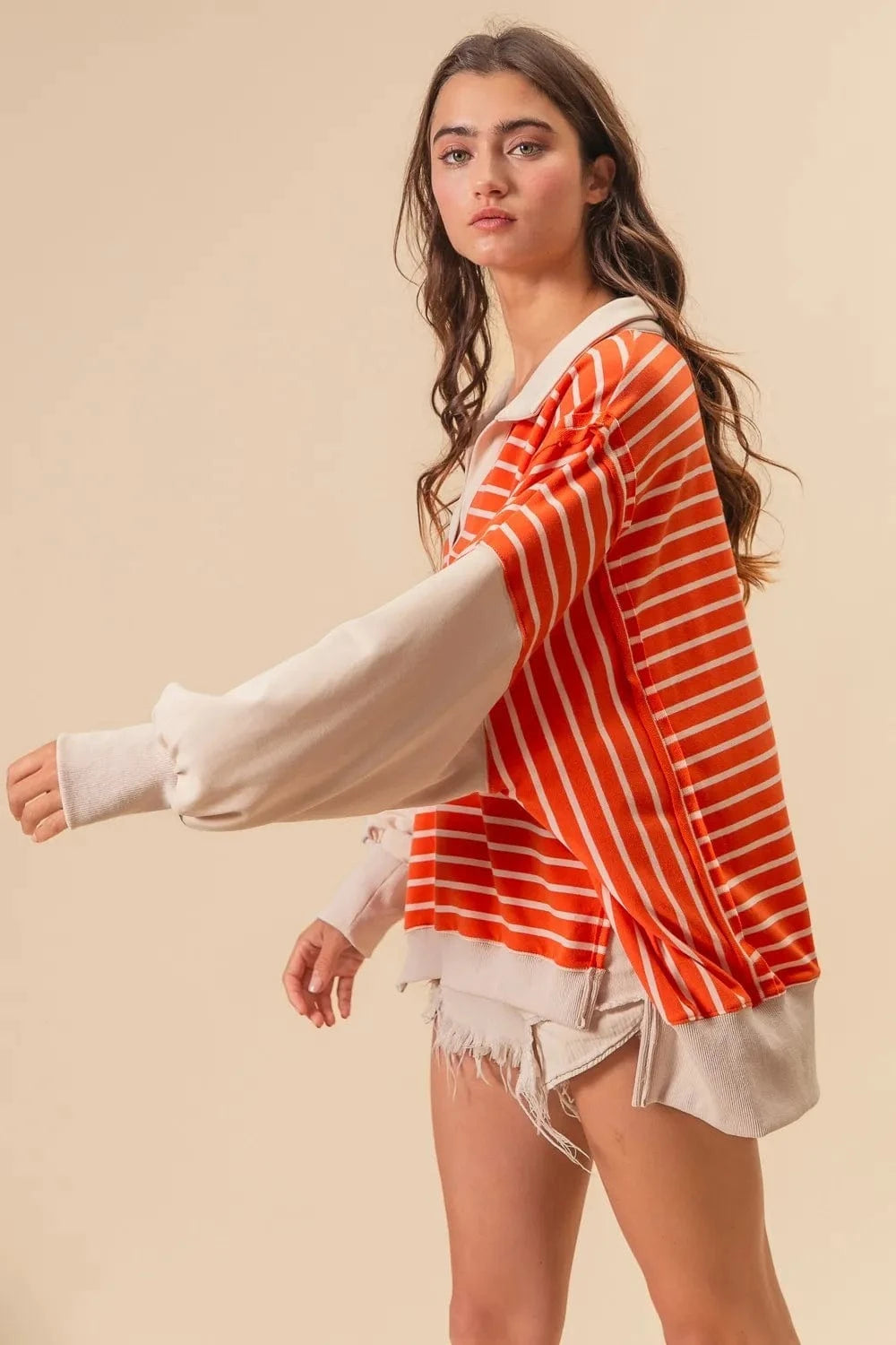 BiBi Sweatshirts & Hoodies BiBi Stripe Knit Loose Fit Top With Cut Edge Detail