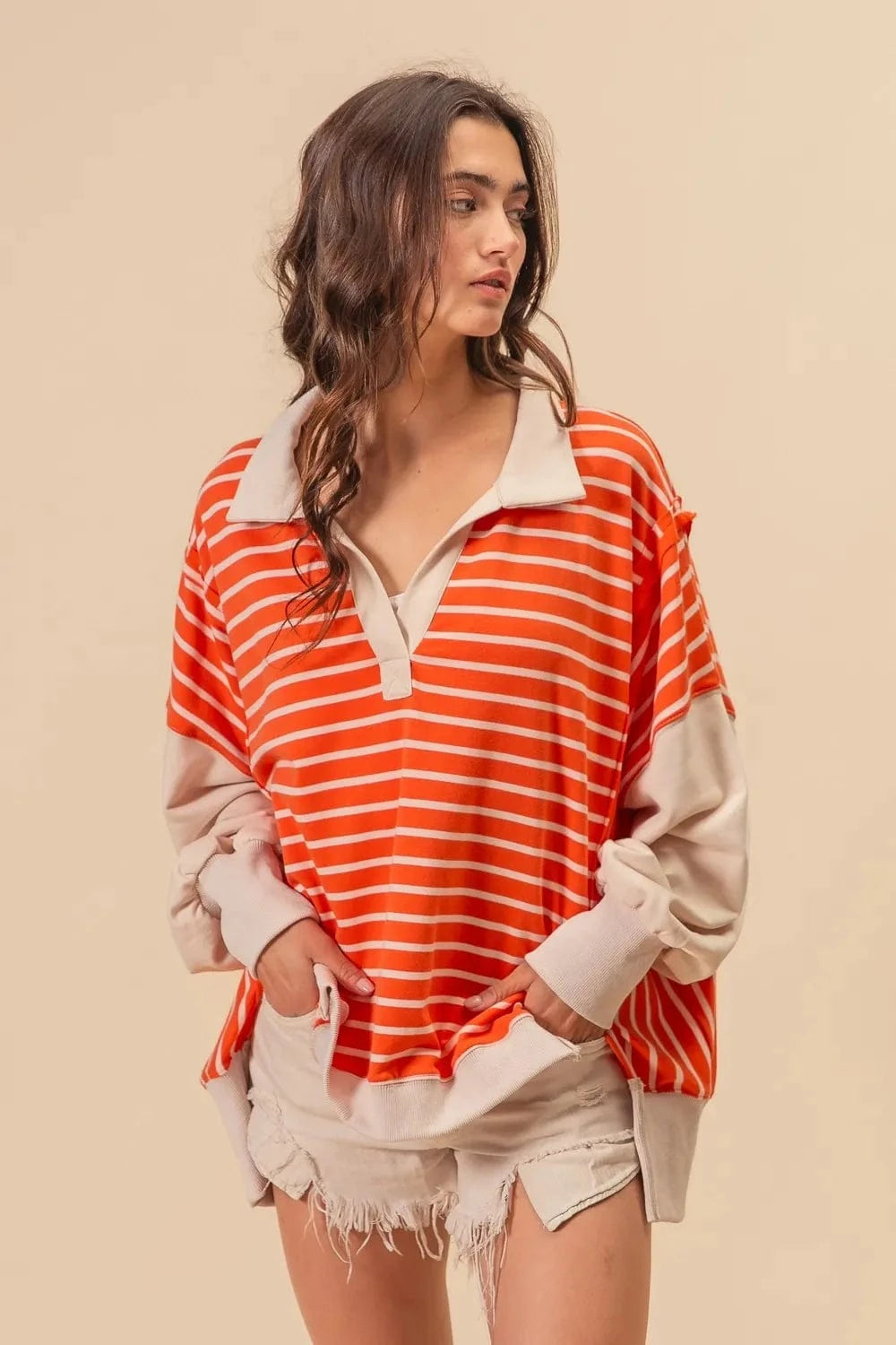 BiBi Sweatshirts & Hoodies BiBi Stripe Knit Loose Fit Top With Cut Edge Detail