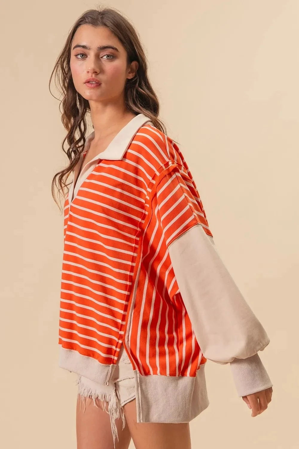 BiBi Sweatshirts & Hoodies BiBi Stripe Knit Loose Fit Top With Cut Edge Detail
