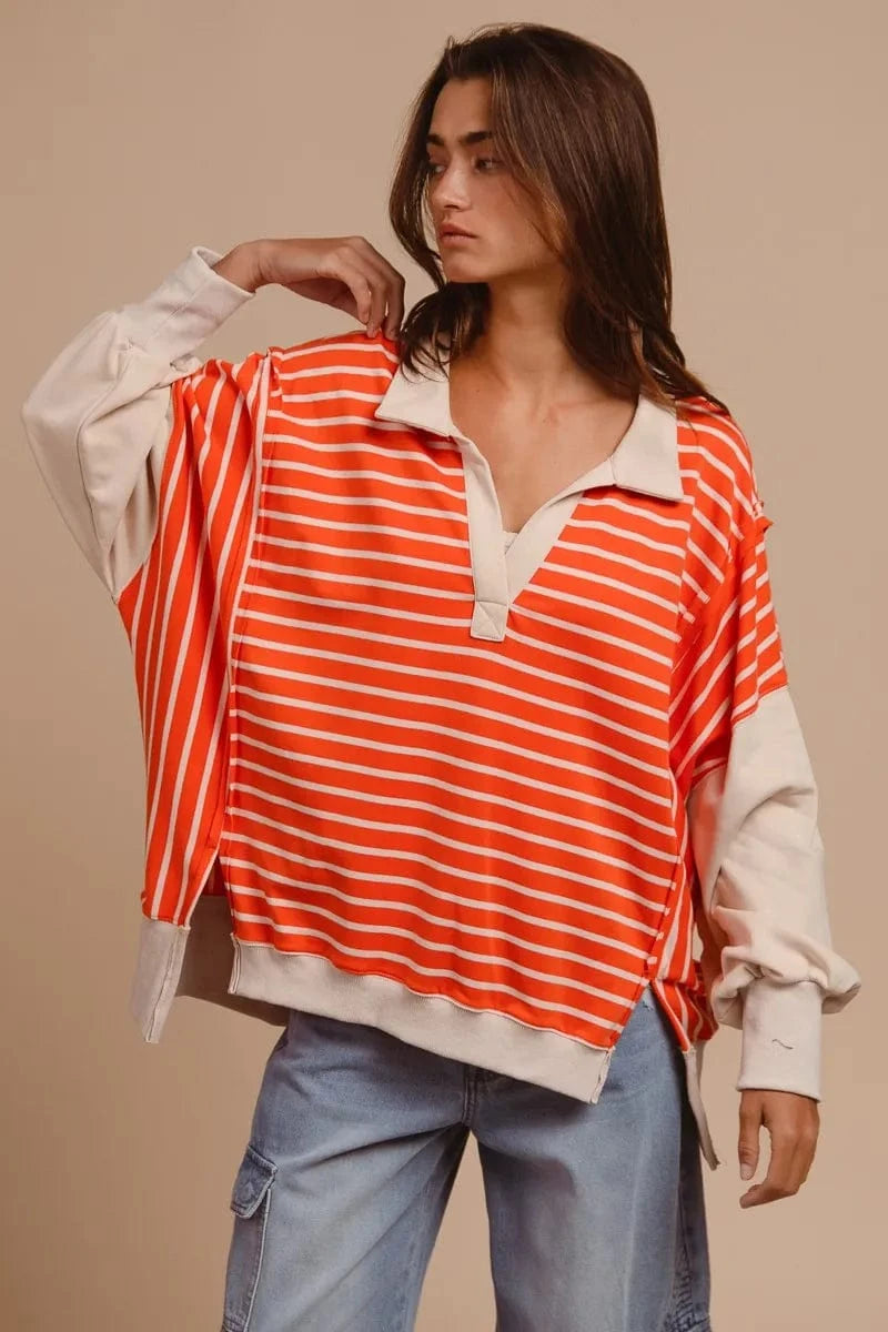 BiBi Sweatshirts & Hoodies BiBi Stripe Knit Loose Fit Top With Cut Edge Detail