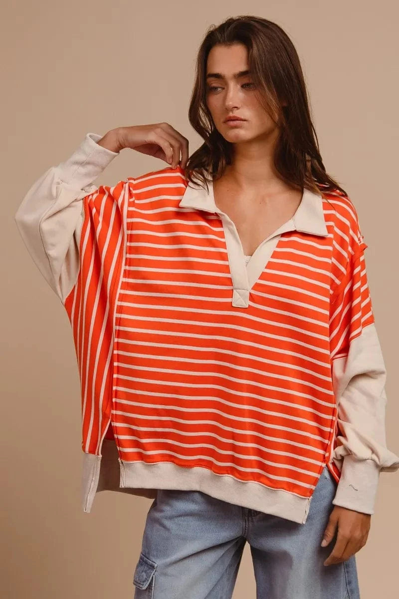 BiBi Sweatshirts & Hoodies BiBi Stripe Knit Loose Fit Top With Cut Edge Detail