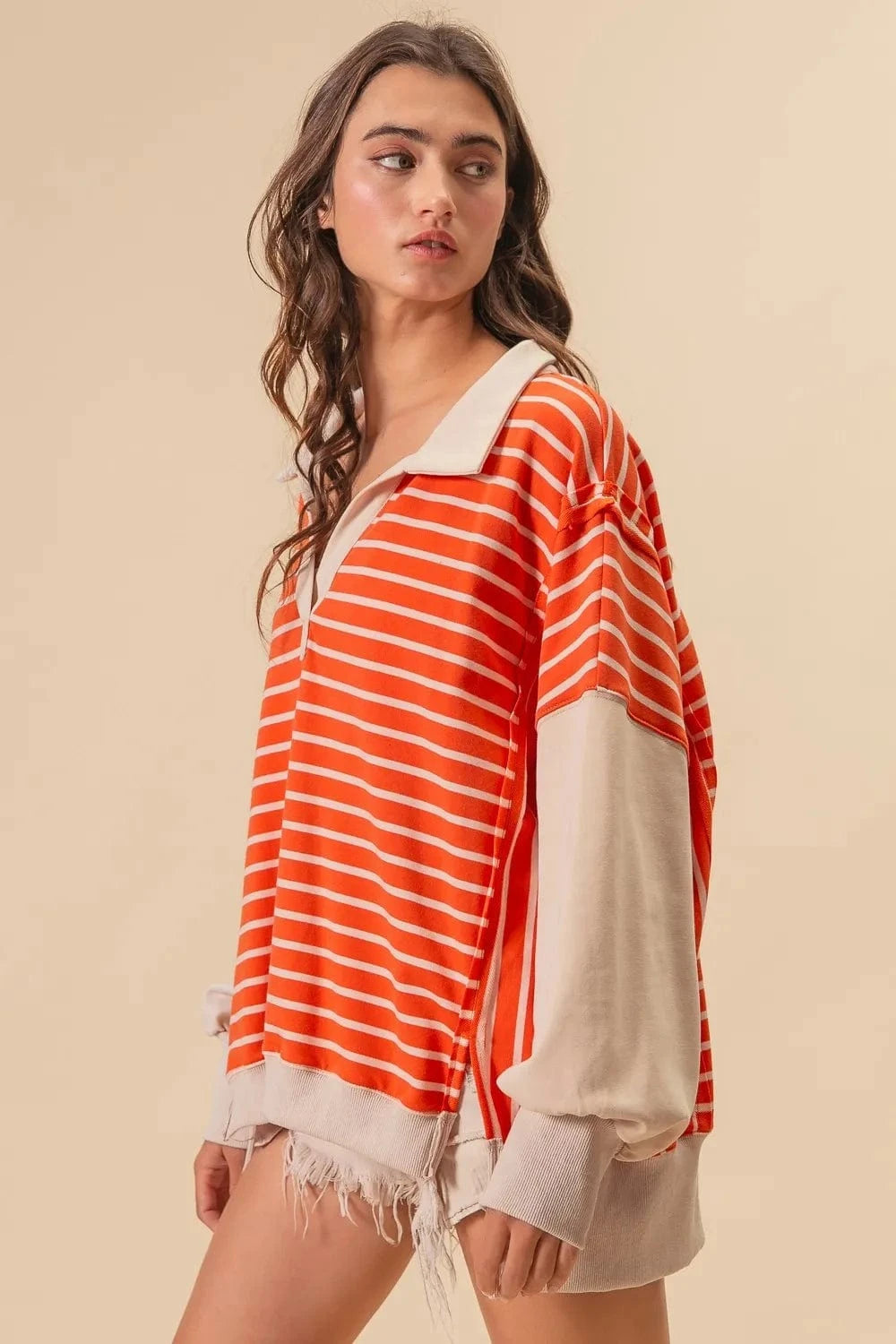 BiBi Sweatshirts & Hoodies BiBi Stripe Knit Loose Fit Top With Cut Edge Detail