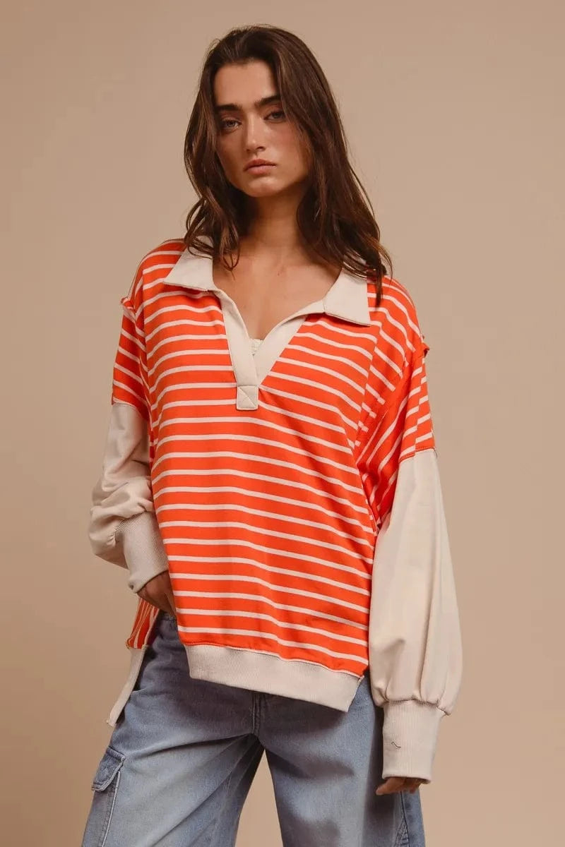 BiBi Sweatshirts & Hoodies BiBi Stripe Knit Loose Fit Top With Cut Edge Detail