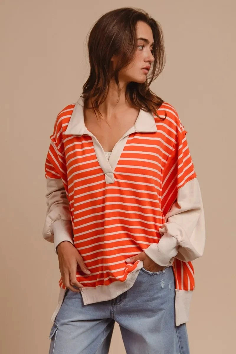 BiBi Sweatshirts & Hoodies BiBi Stripe Knit Loose Fit Top With Cut Edge Detail