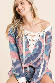 BiBi Sweatshirts & Hoodies BiBi Tie Dye Deep V-Neck Top with Lace Up Front