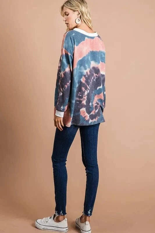 BiBi Sweatshirts & Hoodies BiBi Tie Dye Deep V-Neck Top with Lace Up Front