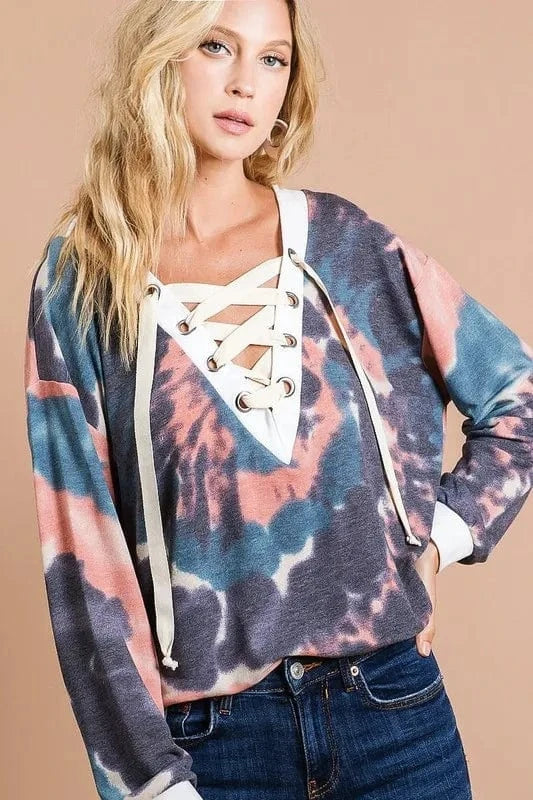 BiBi Sweatshirts & Hoodies BiBi Tie Dye Deep V-Neck Top with Lace Up Front