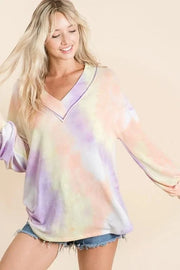 BiBi Sweatshirts & Hoodies BiBi Tie Dye French Terry V-Neck Top with Puff Sleeves