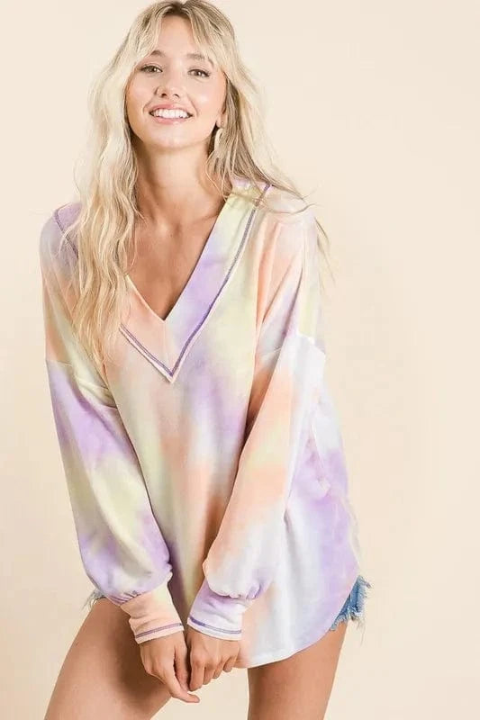 BiBi Sweatshirts & Hoodies BiBi Tie Dye French Terry V-Neck Top with Puff Sleeves