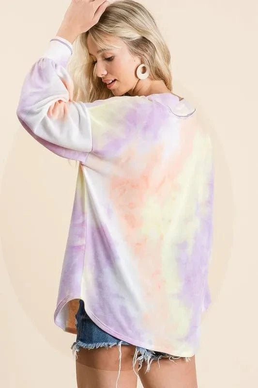 BiBi Sweatshirts & Hoodies BiBi Tie Dye French Terry V-Neck Top with Puff Sleeves