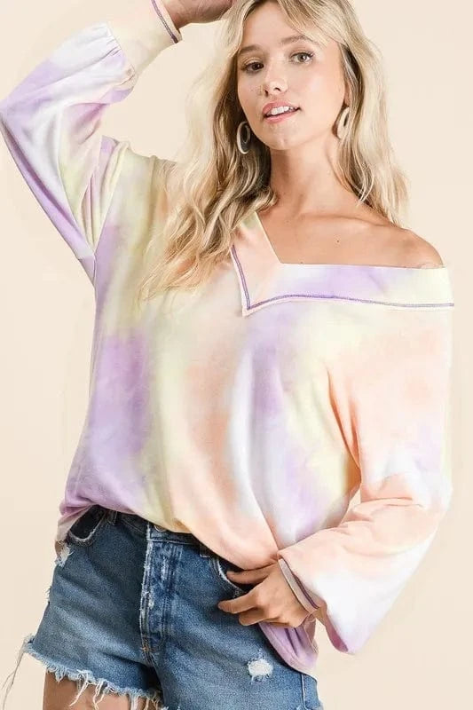 BiBi Sweatshirts & Hoodies BiBi Tie Dye French Terry V-Neck Top with Puff Sleeves